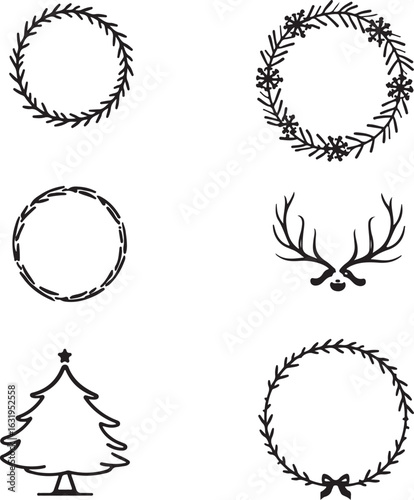 Charming Christmas icons festive wreaths and reindeer antlers for holidays