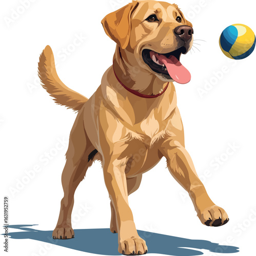 Isometric vector labrador retriever playing with ball, tongue out, cheerful posture, vector-friendly, isolated on white