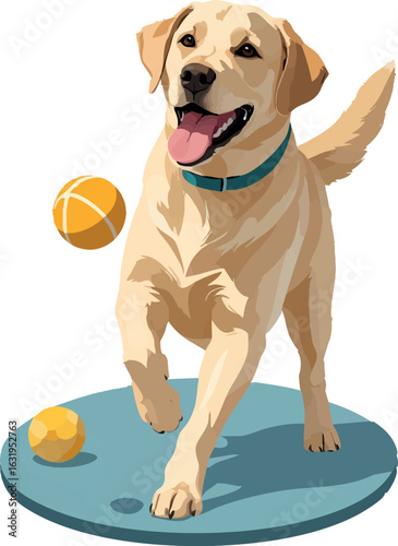Isometric vector labrador retriever playing with ball, tongue out, cheerful posture, vector-friendly, isolated on white