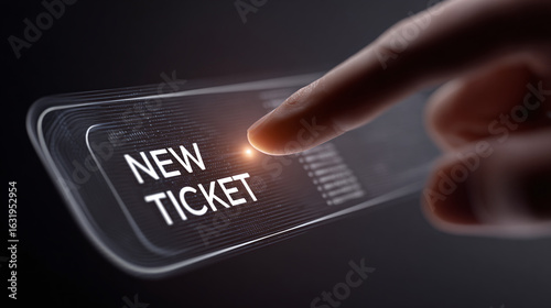 Touching digital 'New Ticket' button to create a support ticket. User interface with layered rectangular design. High-tech touch screen.