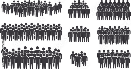 Large group of people icons, crowd illustration, stick figures, population concept, team formation, human gathering, community symbol, unity representation