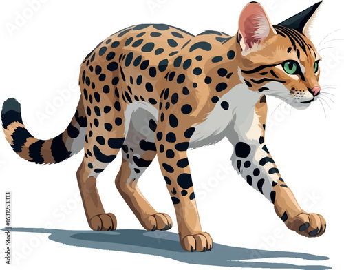 Isometric vector ocicat walking with spotted coat, slim and muscular body, vector-friendly, isolated on white