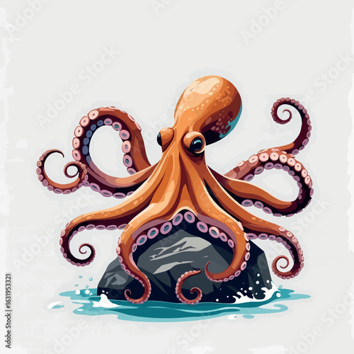 Isometric vector octopus with curling tentacles, sitting on ocean rock, vector-friendly, isolated on white