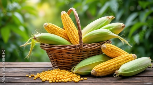Freshly harvested corn in a wicker basket on a wooden table