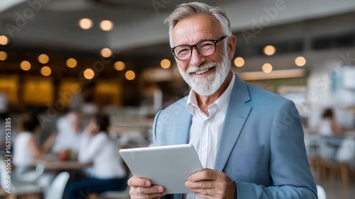 Smiling Executive: A distinguished executive, exuding warmth and expertise, holds a tablet in a contemporary setting. His confident demeanor and pleasant smile convey a sense of wisdom.