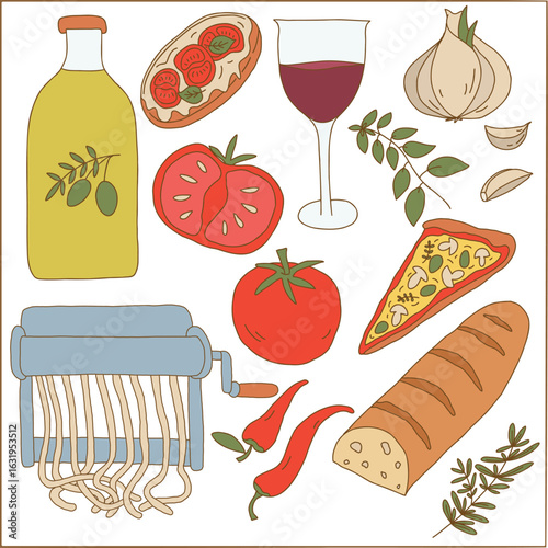 Hand Drawn Italian Cuisine Ingredients and Dishes Illustration Set