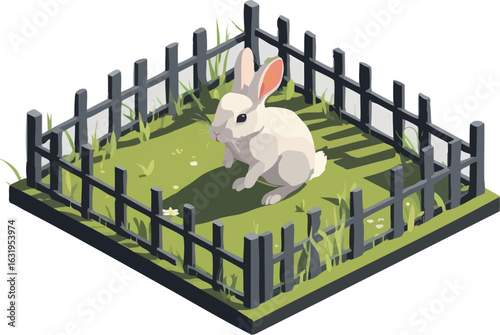 Isometric vector rabbit in small fenced garden nibbling on grass, vector-friendly, isolated on white