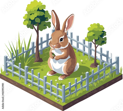Isometric vector rabbit in small fenced garden nibbling on grass, vector-friendly, isolated on white