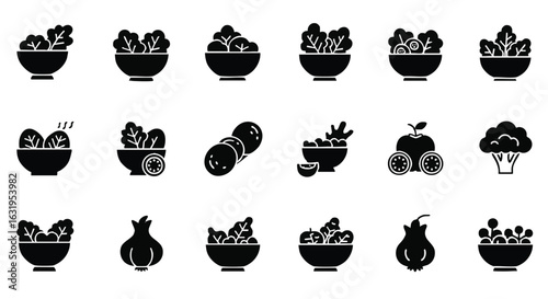 Fresh salad and vegetable glyph icon set. A collection of black solid symbols for healthy food, dieting, and nutrition concepts.