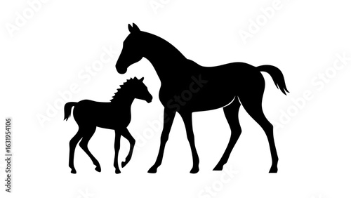 Silhouette illustration of a mare and her foal walking side by side in a simple black and white design