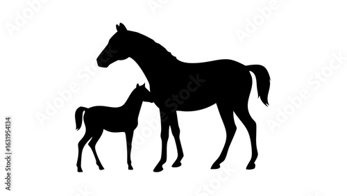 Silhouette illustration of a mare and foal standing side by side in a simple and elegant design style