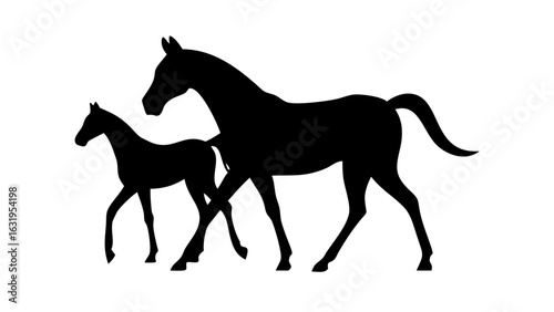Silhouette of a mare and foal walking side by side in a simple black and white illustration art