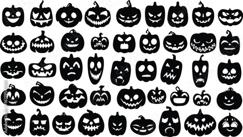 Creepy Pumpkin Faces Silhouette Collection – Halloween Jack O’ Lantern Black Vector Clipart for Spooky Party Decor, Carving Stencils, Stickers, Crafts, Horror Designs, and Autumn Celebrations