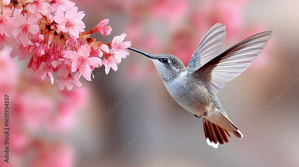Naklejka premium Delicate hummingbird gracefully dips its bill into vibrant pink blossoms searching for sweet nectar.