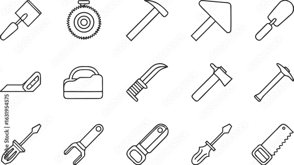 Fototapeta premium Construction Tools Line Icon Set – Editable Vector Outline of Hand Tools, Hammer, Trowel, Screwdriver, Wrench, Utility Knife, and Equipment for Builders, Repair, DIY, Engineering, and Home Projects