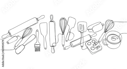 Continuous line drawing of various baking utensils including rolling pins, spatulas, whisks, pastry brush, measuring cups, and a bowl.