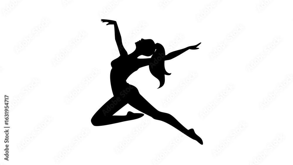 Naklejka premium Silhouette of a woman in a dynamic pose with arms extended and ponytail in mid air motion dance