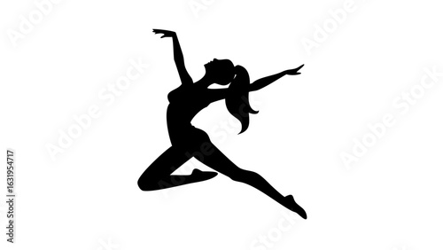 Silhouette of a woman in a dynamic pose with arms extended and ponytail in mid air motion dance