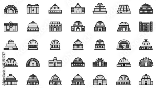 Ancient Monument Vector Icons Set – Editable Outline Architecture Icons of Historic Temples, Ruins, Domes, Landmarks, Buildings for Web Design, Tourism Projects, History Infographics, Print Use