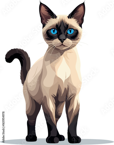 Isometric vector siamese cat standing with cream coat and dark ears, piercing blue eyes, vector-friendly, isolated on white