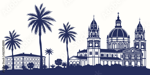 Santa Ana Cityscape Vector Art - Historic Downtown with Palm Trees