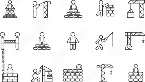 Construction Line Icons Vector Set, Bricklayers Cranes Workers Architecture Tools Masonry Equipment Outline Illustrations Perfect for Building Industry, Engineering Projects, Websites, Presentations