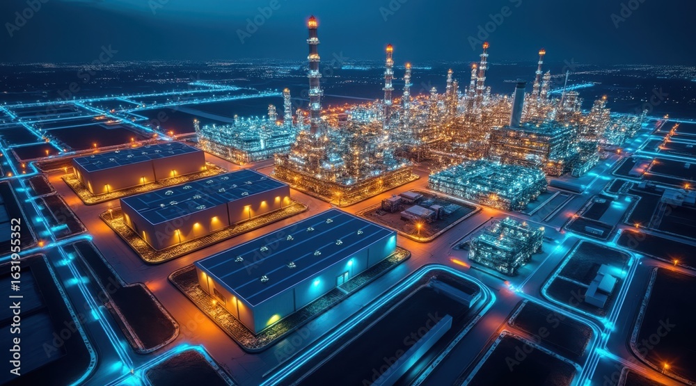 Fototapeta premium Illuminated industrial complex at night with glowing blue and orange lights