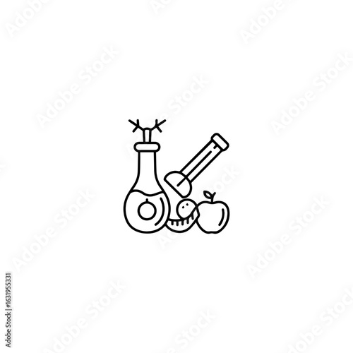 Scientific Experiment Illustration Featuring Flask Test Tube and Apple.