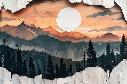Mountain Majesty Watercolor Sunset Forest Dreamscape Nature Art Celestial View Tranquil Landscape Paper Texture and