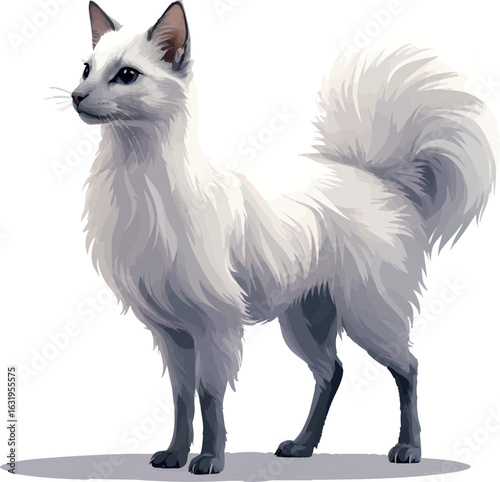 Isometric vector turkish angora with pure white coat and long elegant body, standing pose, vector-friendly, isolated on white