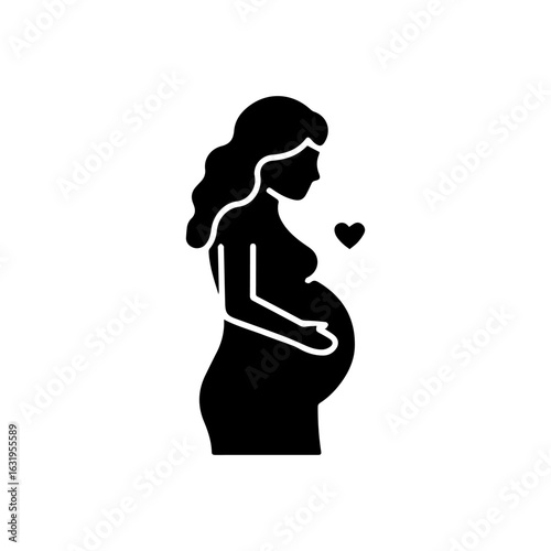 Silhouette of a pregnant woman with wavy hair and a heart symbol.