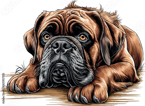 Saint bernard laying with expressive eyes and detailed drooping jowls, rich crosshatching, vector-friendly, isolated on white