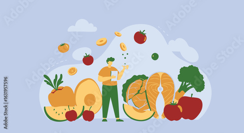 Man consuming healthy foods, balanced diet illustration.