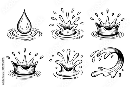 Illustration of water droplets and splashes in different shapes showcasing the dynamics and patterns of water impact and motion