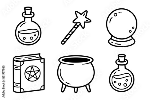 Charming Witchcraft Elements Black and White Illustration featuring potions cauldron magic wand spellbook and crystal ball for Halloween or fantasy designs
