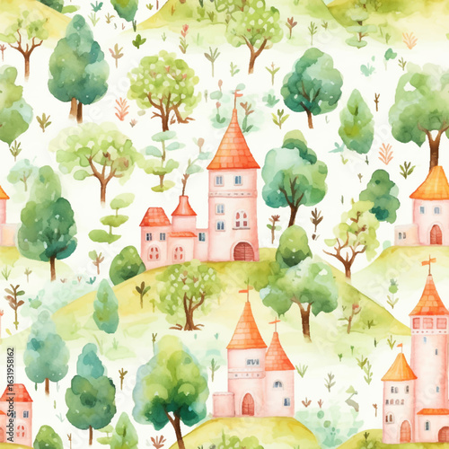 Soft watercolor seamless vector pattern with castles and trees. Enchanting pattern of whimsical castles nestled amidst soft, pastel-colored trees. Dreamy quality of the fairy tale design. 