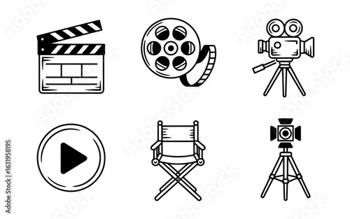 Black and white line art showing essential movie making equipment and accessories for film production and artistic creativity
