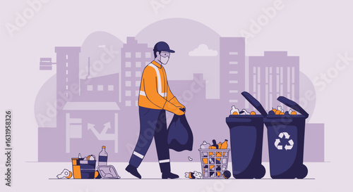A sanitation worker wearing a mask and vest is collecting trash bags and emptying them into recycling bins in a city.