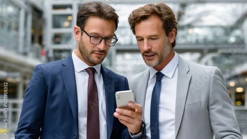 Business Professionals: Two smartly dressed professionals collaborate, sharing a moment over a mobile phone, set against the backdrop of a modern business environment.