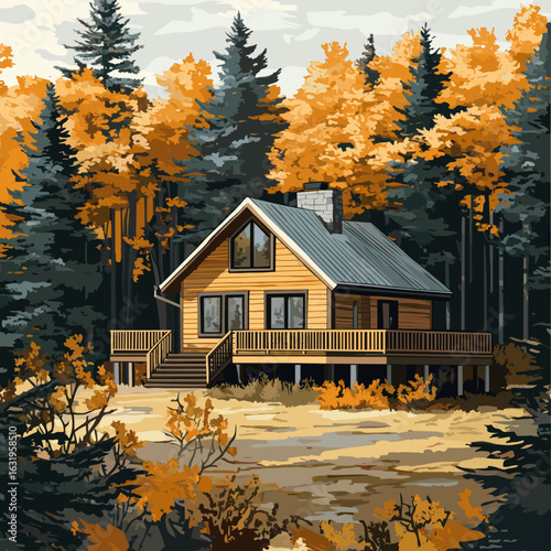 Cozy log cabin surrounded by autumn foliage