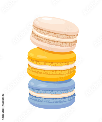 Stack of colorful sweet macarons white, blue and yellow isolated on white background.	