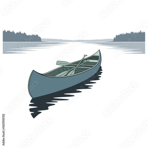 Vector art of canoe with paddle on calm water with trees in background