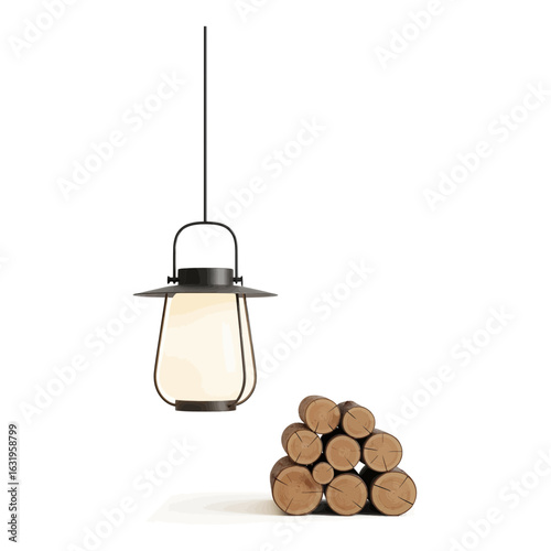 Rustic metal lantern pendant light with warm glow and stacked firewood logs, for interior design or home decor mockup, isolated on transparent background, png