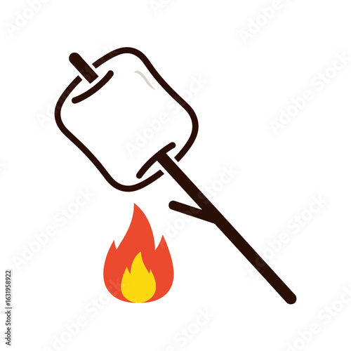 vector marshmallow on stick over campfire, illustration for website or social media, isolated on transparent background, png