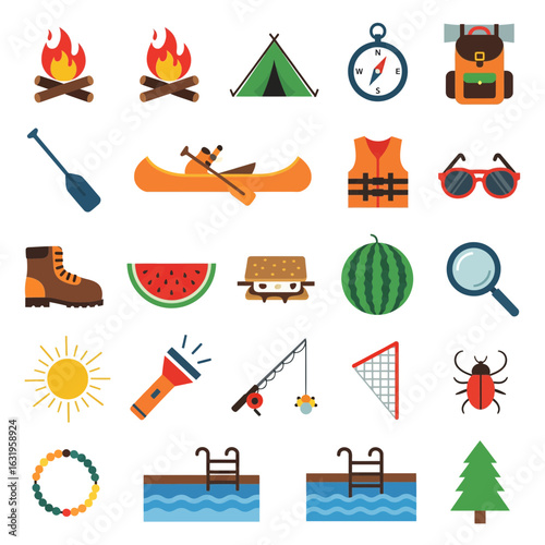 Camping and outdoor adventure icons, including campfire, tent, kayak, hiking gear, food, and recreational activities, for website or app UI