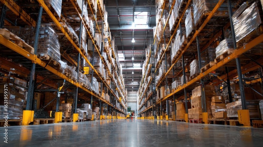 Fototapeta premium Wide-Angle View of Modern Distribution Warehouse Aisle with Shelves Stacked with Boxes and Pallets in Brightly Lit Facility