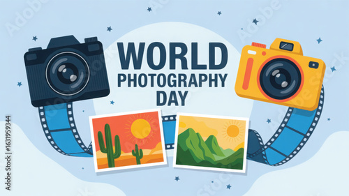 world photography day illustration with vintage cameras, film strips, and desert-mountain photos celebrating creativity on august 19