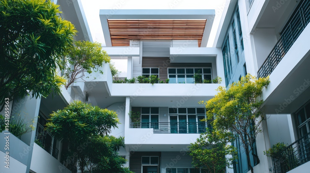 Fototapeta premium Modern urban architecture featuring sleek design elements, green plants, and unique layering in a residential courtyard setting