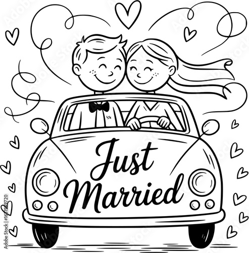 Just Married Cartoon: Joyful cartoon couple, hand-drawn in black and white, drive away in their Just Married car, complete with hearts and swirls, full of love and celebration.