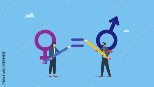 Businessman and businesswoman drawing equals symbol. Gender equality equal treatment male and female in society business. Man and woman employee having equal opportunity or fair opportunities.